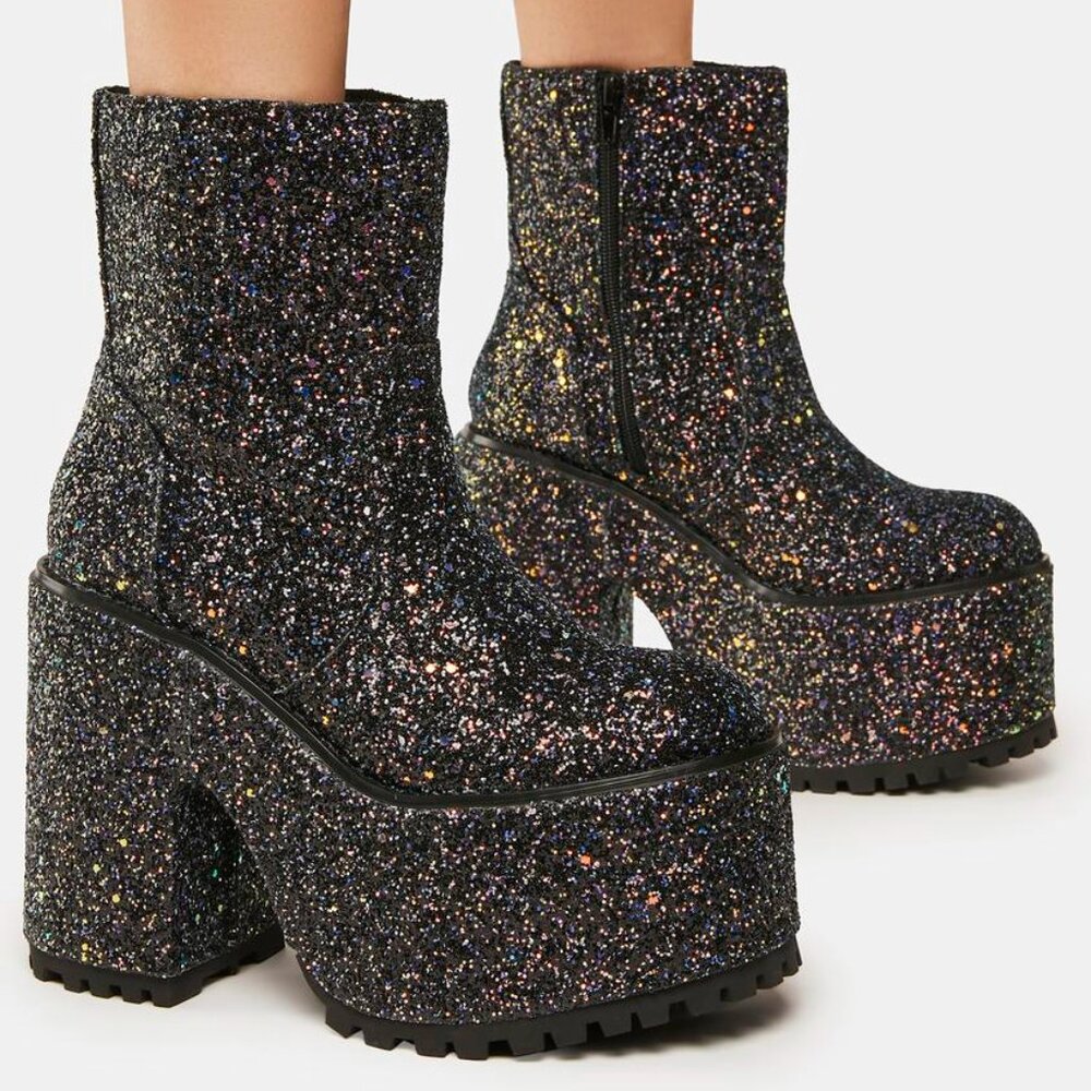 YRU Black Multi-Glitter Platform Ankle Boots